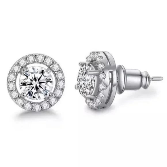 Luxury White Zircon Sterling Silver Stud Earrings, wow Earrings, cute Earrings. - Picture 4 of 5